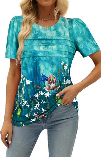 Miniatura 56 de JomeDesign - Camisetas casuales de verano para mujer, manga corta, cuello redondo, manga abullonada