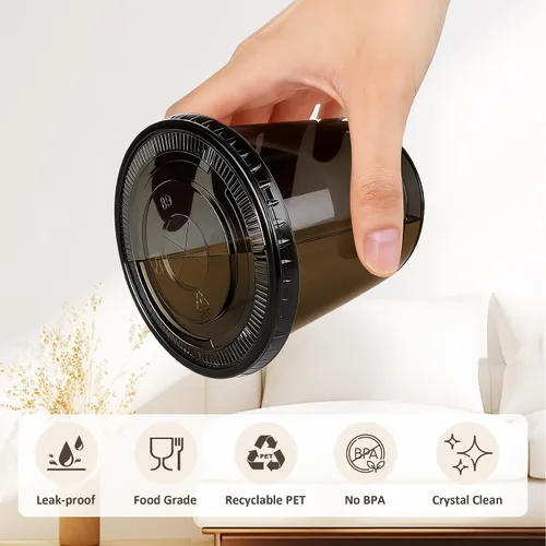 Miniatura 4 de tchrules Juego de 100 vasos de plástico negro de 12 onzas con tapas y pajitas, taza de café helado desechable con tapa, parte inferior redonda