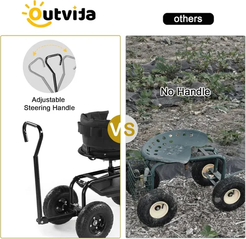 Miniatura 6 de Outvita - Asiento de jardín con ruedas, taburete de jardinería con asiento giratorio ajustable en altura de 360 grados, respaldo ergonómico, bandeja
