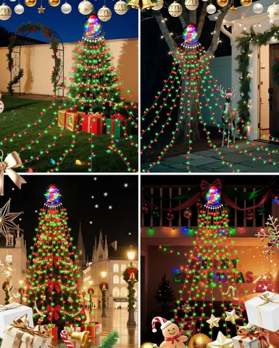Miniatura 7 de Guirnalda de luces de cascada de Navidad para exteriores, luces de árbol de Navidad con 335 luces LED de 11.48 pies, 9 hebras, 8 modos