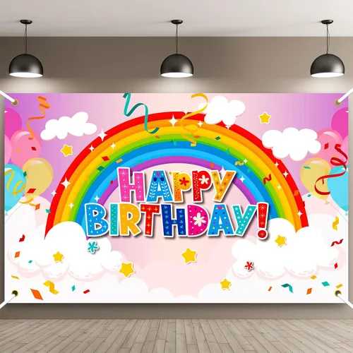 Remerry Telón de fondo de cumpleaños arcoíris para niñas, colorido decoración de fiesta de feliz cumpleaños, pancarta para niñas, niños y adultos,