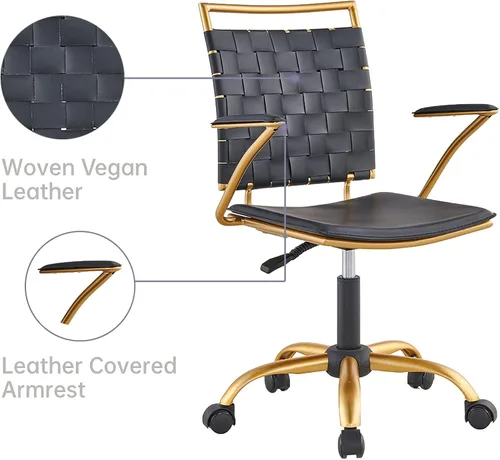 Miniatura 6 de Silla de oficina moderna de cuero, color dorado y negro, bonita silla de conferencias con respaldo medio con ruedas y brazos, cómoda silla giratoria