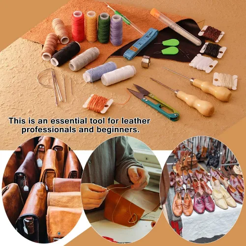 Miniatura 7 de Tikjiua Kit de costura de cuero de 59 piezas, aguja de tapicería para coser a mano, kit de costura resistente con tapicería de hilo encerado, kit