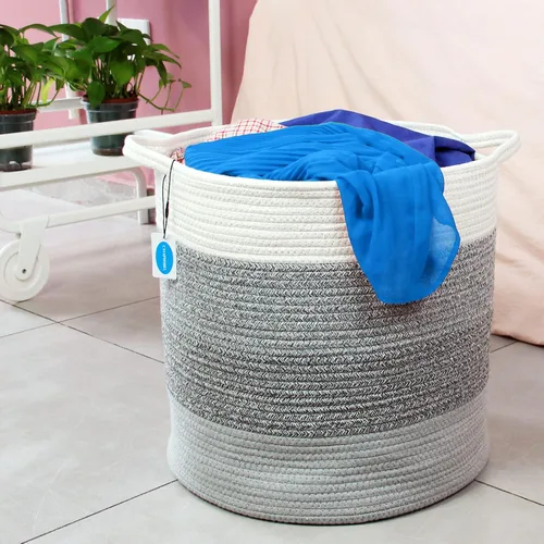 Miniatura 8 de Casaphoria Cesta de almacenamiento de cuerda de algodón para organizar, cesta redonda para mantas, sala de estar, cesta de lavandería tejida