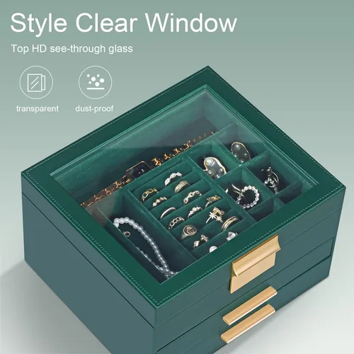 Miniatura 2 de Joyero organizador para mujer, 3 capas de piel sintética, caja de almacenamiento de joyas con tapa de cristal, regalo para personas, 3 cajones, gran