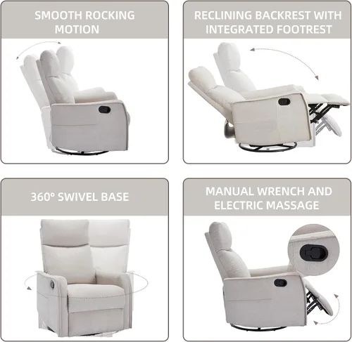 Miniatura 6 de PELUMY Silla Reclinable Mecedora Giratoria 360 para Adultos, Silla Mecedora de Guardería con Calor y Masaje, Silla Reclinable Deslizante para Beige