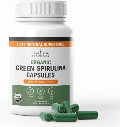Lone Star Botanicals Cápsulas de espirulina verde orgánica, 100% algas azul-verdes puras, suplemento superalimenticio a base de plantas, vegano, sin
