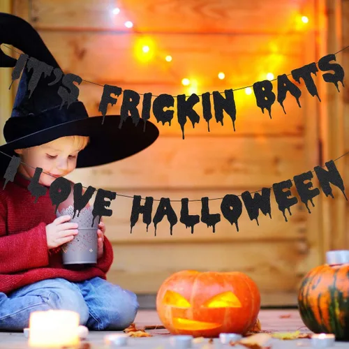 Miniatura 3 de Cartel de Halloween con purpurina negra con texto en inglés "It's Frickin Bats I Love", pancarta de murciélagos de Halloween espeluznante