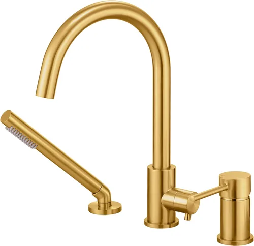 Miniatura 11 de Grifo de bañera de montaje en cubierta negro con rociador, grifos de bañera de alto flujo, grifo de baño de latón con mango montado en la ducha
