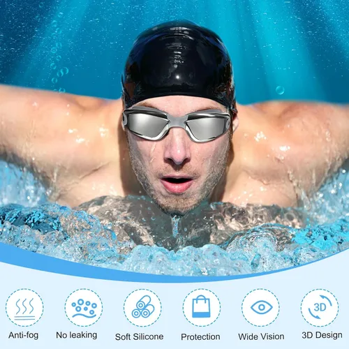 Miniatura 5 de Flutesan Paquete de 6 gafas de natación para adultos, antiniebla, con tapones para los oídos, clip para la nariz, sin fugas, protección completa