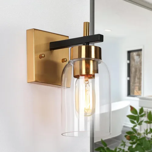 KSANA Lámpara de pared de 1 luz, luz de tocador de baño individual, moderna casa de campo negra y dorada con pantalla de vidrio, luces de pared