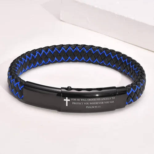 Miniatura 4 de VNOX - Brazalete ajustable de cuero trenzado azul hecho a mano con mantra inspirador para hombre, pulsera de estímulo, regalo motivacional