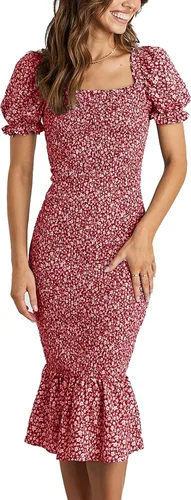 PRETTYGARDEN - Vestido de cóctel y verano para mujer, con estampado floral, por debajo de la rodilla, ajustado, de manga corta abullonada, con
