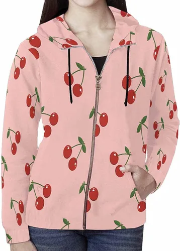 Miniatura 2 de InterestPrint Sudadera con capucha de manga larga para mujer, con cremallera completa, color rojo flor de cerezo