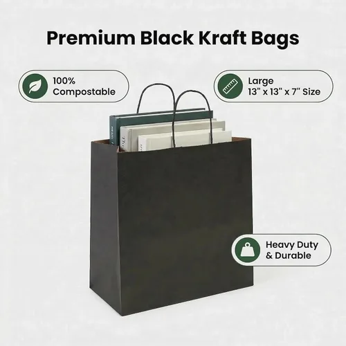 Miniatura 6 de PAICUIKE 100 bolsas grandes de papel negro con asas, bolsas de compras a granel de 13 x 7 x 13 pulgadas para pequeñas empresas, regalo para el día