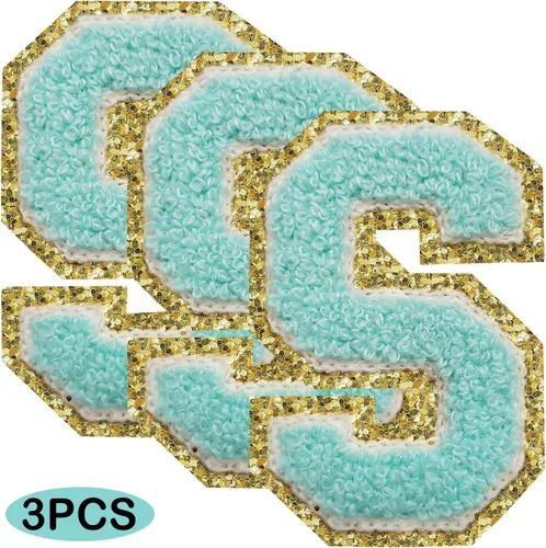 Miniatura 2 de 3Pcs Letter Patches Varsity Glitters Chenille,SPRT Iron on Blue Letter Patch,Alphabet Cloth Patch for Team Costume Decoration 3.1in Height S