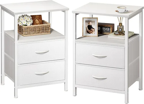 Miniatura 13 de Huuger Mesita de noche con 2 cajones, mesa auxiliar de cama con estante abierto, parte superior de madera, mesita de noche para dormitorio, mesa