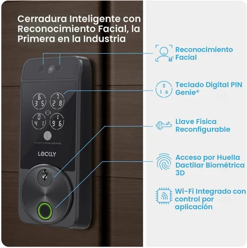 Miniatura 2 de Lockly Visage Zeno Series Smart Lock, Cerradura inteligente con reconocimiento facial y entrada sin llave por huellas dactilares, cerrojo Negro mate