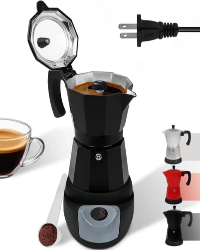 Miniatura 11 de Olla eléctrica Moka con base desmontable, cafetera de aluminio de 10 onzas, 6 tazas, 10.1 fl oz, cafetera italiana negra para cocina y hogar, 110 V