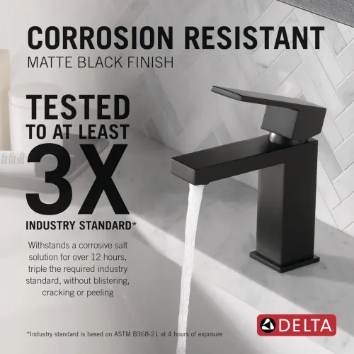 Miniatura 2 de DELTA - Grifo de baño moderno negro mate, para un solo agujero, para lavabo de tocador, conjunto de desagüe de metal con botón de expulsión, negro