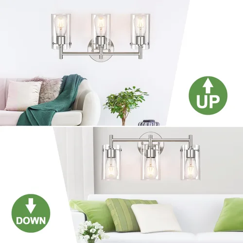 Miniatura 6 de 2023 Mejora 3 luces para tocador de baño de níquel cepillado, pantalla de vidrio transparente, apliques de pared para espejo, dormitorio, sala