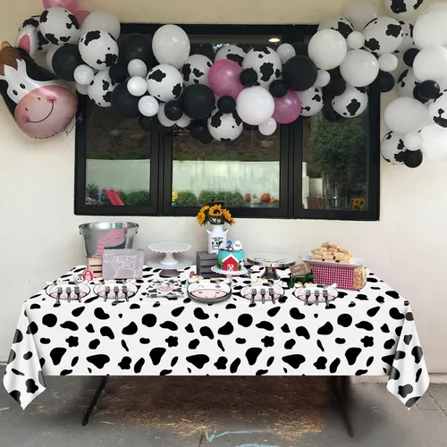 Miniatura 7 de Suministros de fiesta con estampado de vaca: platos con forma de vaca, servilletas con patrón, tenedores, cubierta de mesa para cumpleaños de niñas