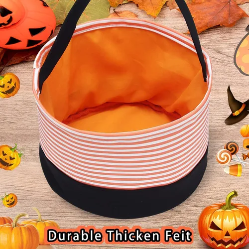 Miniatura 5 de Cesta de dulces de Halloween, bolsas de dulce o truco, cubos de dulces de Halloween, bolsas de regalo de tela, fiestas de Halloween (rayas naranjas)