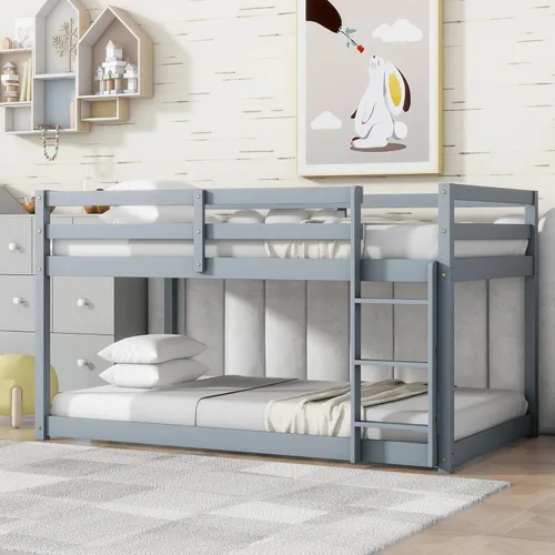Miniatura 15 de Litera de tamaño individual sobre individual, litera de piso con escalera, barandillas de seguridad, literas de madera para camas individuales