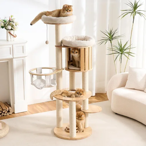 Miniatura 18 de 797Audio Moderno árbol de madera para gatos, árbol estético para gatos de 46 pulgadas con postes rascadores de madera de pino natural y condominio