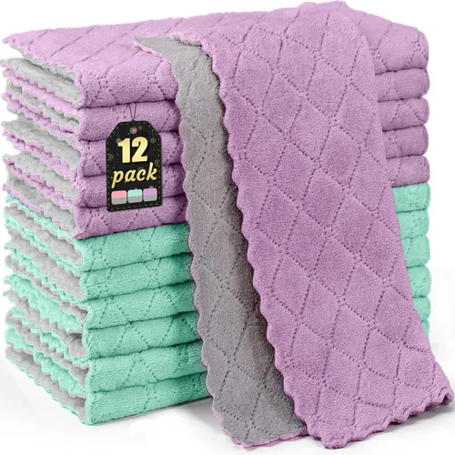 Miniatura 10 de Paquete de 12 paños de cocina de 12 x 12 pulgadas, paño de limpieza de microfibra de terciopelo coral grueso, paños de cocina altamente absorbentes