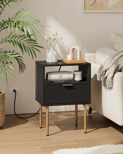 Aienvey Mesita de noche con estación de carga, mesa auxiliar pequeña, mesita de noche moderna con cajones, mesita de noche para dormitorio, mesa