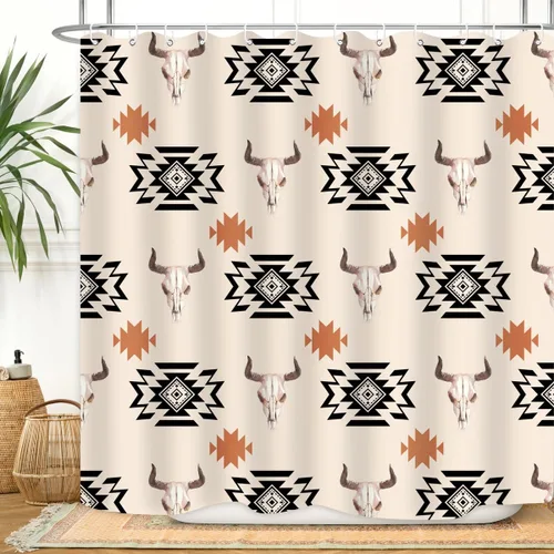 Cortina de ducha azteca occidental, estilo vintage, bohemio, cabeza de vaca, geométrica, 72 x 72 pulgadas, rústico, nativo americano, tribal,