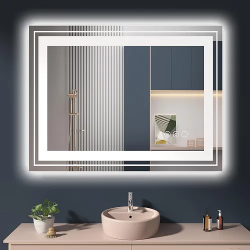 Miniatura 32 de Snowdool Espejo LED de baño, 32 x 32 pulgadas con luz frontal y retroiluminada, antivaho, espejo de tocador de baño para pared, función de memoria
