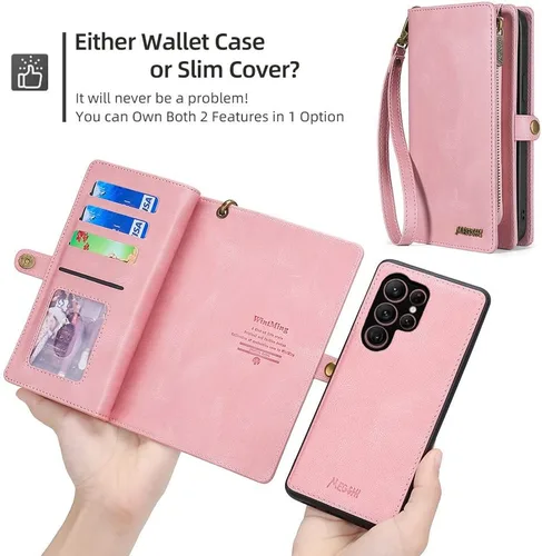 Miniatura 5 de Asuwish Funda de teléfono para Samsung Galaxy S22 Ultra 5G con cremallera, funda desmontable con protector de pantalla y tarjetero de cuero, Rosado