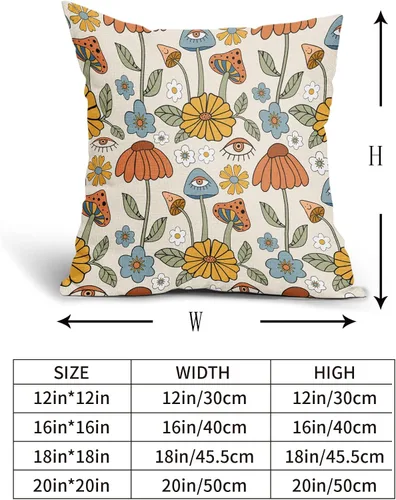 Miniatura 4 de Juego de 2 fundas de almohada retro bohemias, florales, amarillas y naranjas, de 16 x 16 pulgadas, estilo vintage de los años 70, con bonitos hongos