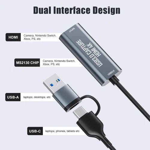Miniatura 2 de VIXLW Tarjeta de captura HDMI, dispositivo de captura HDMI 4K a USB/USB-C, tarjeta de captura de video USB3.0 para transmisión y grabación, funciona