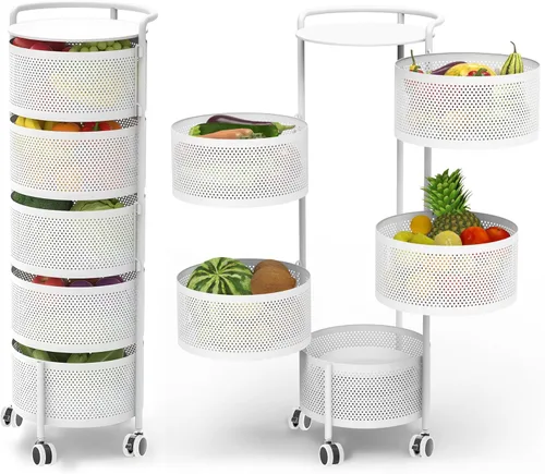 JAQ Canasta giratoria de frutas, de metal resistente, almacenamiento multinivel de cocina, no requiere montaje, con ruedas, para frutas, verduras,