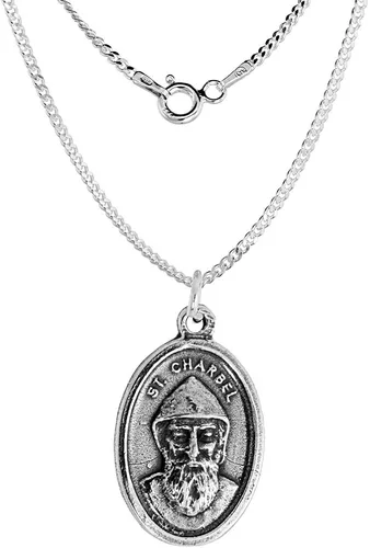 Miniatura 3 de Collar de medalla de San Charbel de plata de ley con acabado oxidado, cadena ovalada de 0.071in, Plata esterlina, Sin gemas.