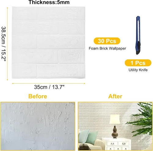 Miniatura 2 de uxcell Paneles de pared 3D para despegar y pegar, 30 piezas de papel tapiz de ladrillo de espuma para dormitorio, panel de pared de piedra Blanco