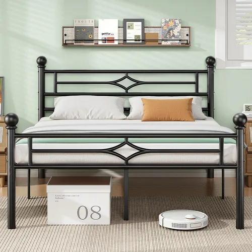 Miniatura 8 de BedsPick Base de cama matrimonial con cabecero y estribo, base de cama de plataforma de metal con bola de esquina redonda, soporte de listones