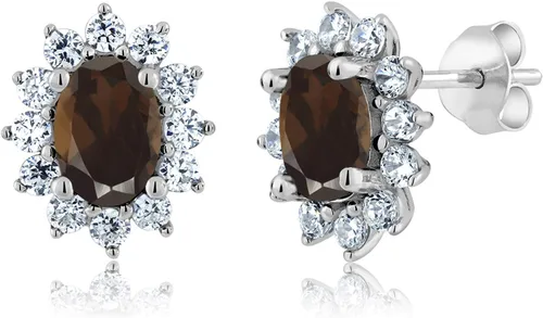 Miniatura 252 de Gem Stone King Aretes ovalados de plata de ley 925 de 0.276 x 0.197 in con piedra natal de la princesa Diana, estilo halo real para mujeres