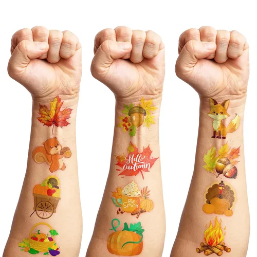Miniatura 7 de 96 piezas de tatuajes temporales precortados para otoño y otoño, decoración de fiesta de cumpleaños, suministros de decoración de Acción de Gracias