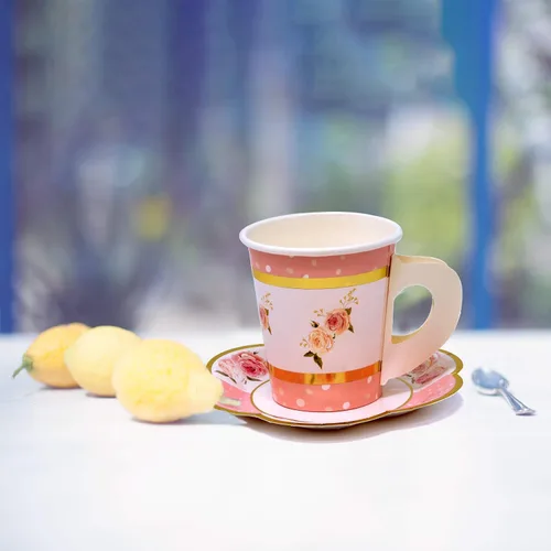Miniatura 6 de Gift Boutique Juego de 36 tazas de té de papel con asas y 36 platillos en forma floral desechables para niños y adultos, cumpleaños, baby shower