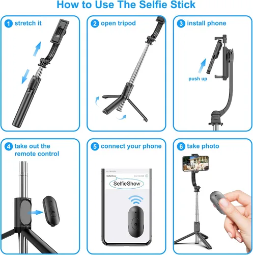 Miniatura 6 de SelfieShow Selfie Stick, Palo de Selfie Extensible con Trípode, Control Remoto Inalámbrico y Soporte de Trípode, Portátil, Ligero, Compatible