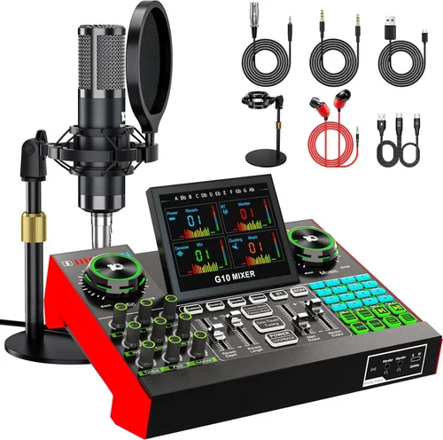 Miniatura 11 de Paquete de micrófono para podcast con mezclador de audio de tarjeta de sonido en vivo, paquete de equipo de podcast con micrófono de condensador