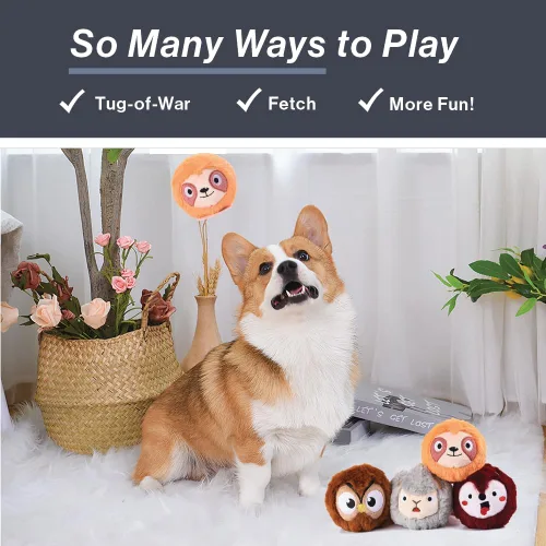 Miniatura 4 de HugSmart Pet Zoo Ball (paquete de 4) Pelota de tenis de felpa y chirriante para perro, sin relleno, juguetes interactivos resistentes para perros