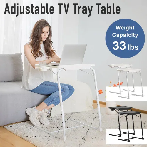 Miniatura 3 de Japard Mesa plegable para TV, mesita de noche pequeña con soporte para tazas, ajustable de 6 alturas y 3 ángulos de inclinación (negro, 2 piezas)