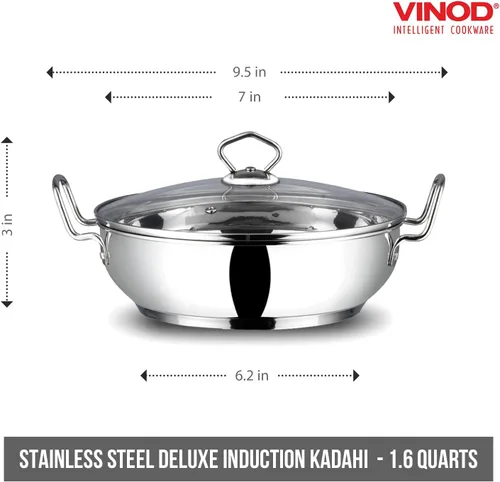Miniatura 2 de Vinod Kadhai de acero inoxidable con tapa de vidrio – Apto para inducción (7.1 in/7 pulgadas) – 1.5 litros (1.7 cuartos de galón) – 6 tazas