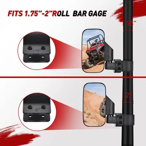 Miniatura 2 de Frokom Espejos laterales UTV, espejos retrovisores universales para jaula antivuelco de 1.6 a 2 pulgadas, Polaris Ranger RZR, Pioneer Can Am