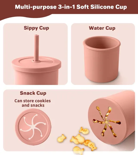 Miniatura 6 de ECLIP Juego de alimentación de silicona para bebés, 10 piezas de artículos esenciales para comer bebés con ventosa, plato dividido, babero Rojo